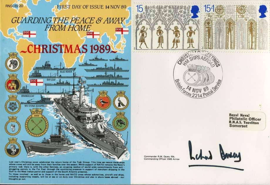 Christmas 1989 cover Signed by Commander R M Davey the CO of HMS Arrow