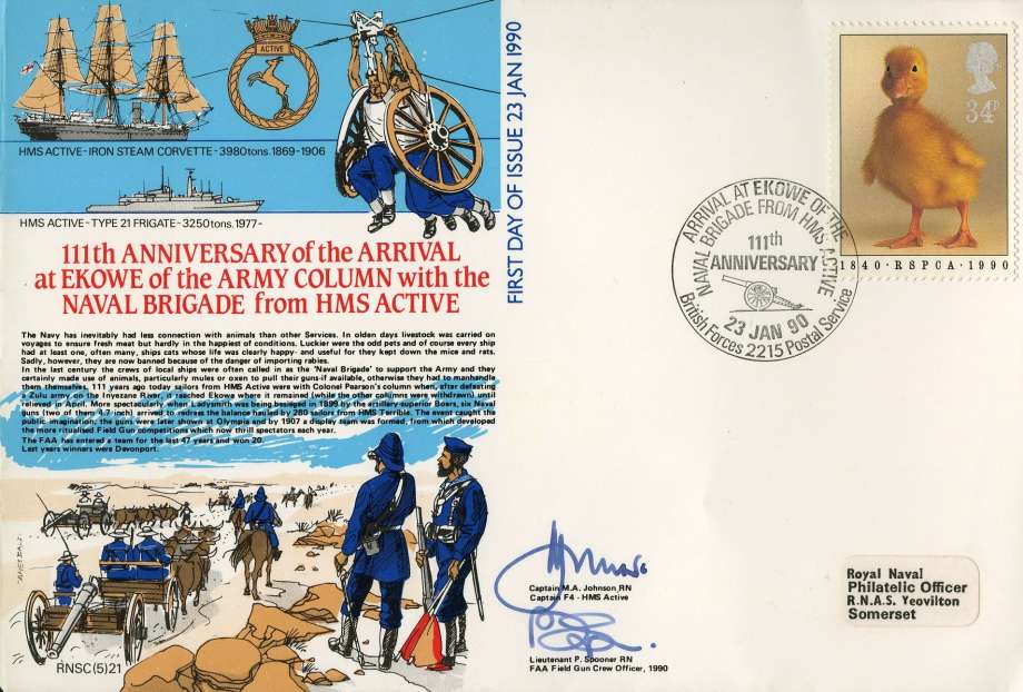 HMS Active FDC Signed by Lt P Spooner a FAA Field Gun Officer 1990 and Captain M A Johnson Captain F4 of HMS Active