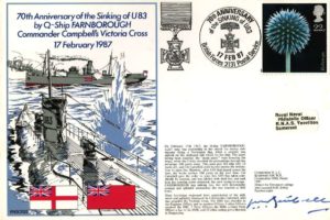 Sinking of U83 by Q-Ship Farnborough cover Signed by Commodore N I C Kettlewell of HMS Drake 1987