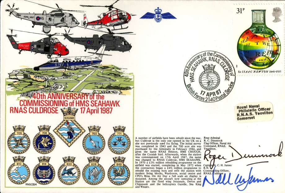 HMS Seahawk cover Signed by Rear Admiral R C Dimmock, Flag Officer RNAS Yeovilton and Captain N C H James the CO of RNAS Culdrose