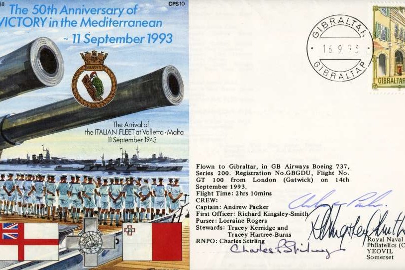 Victory in the Mediterranean cover Signed by Captain Andrew Packer  First Officer Richard Kingsley-Smith  RNPO Charles Stirling