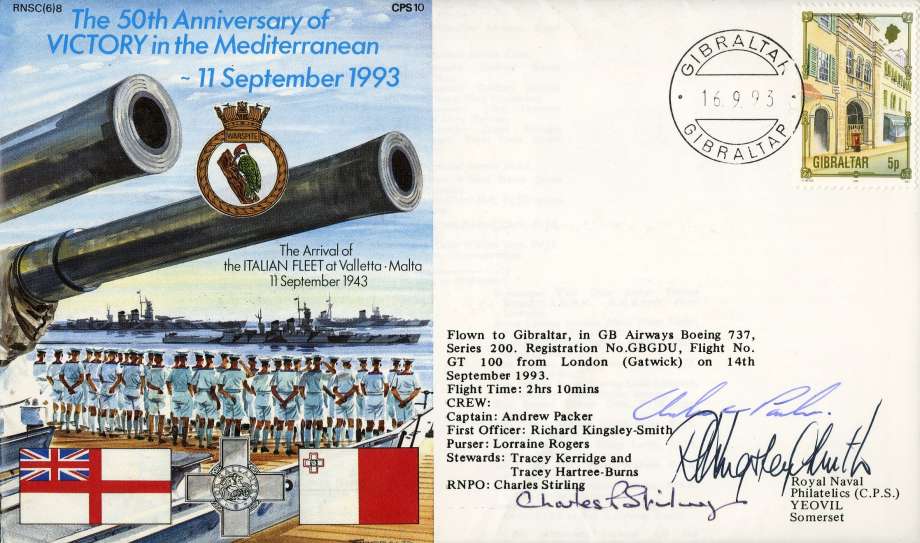 Victory in the Mediterranean cover Signed by Captain Andrew Packer  First Officer Richard Kingsley-Smith  RNPO Charles Stirling