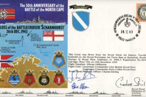 Battle of the North Cape cover Signed by the crew Lt Cdr J Beattie  Lt Cdr S Collier   RNPO Charles Stirling