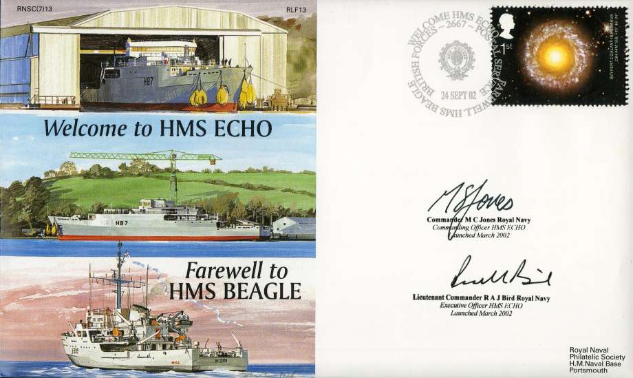 Welcome to HMS Echo and Farewell to HMS Beagle cover Signed by Commander M C Jones the CO of HMS Echo and Lt Cdr R A J Bird the Executive Officer of HMS Echo