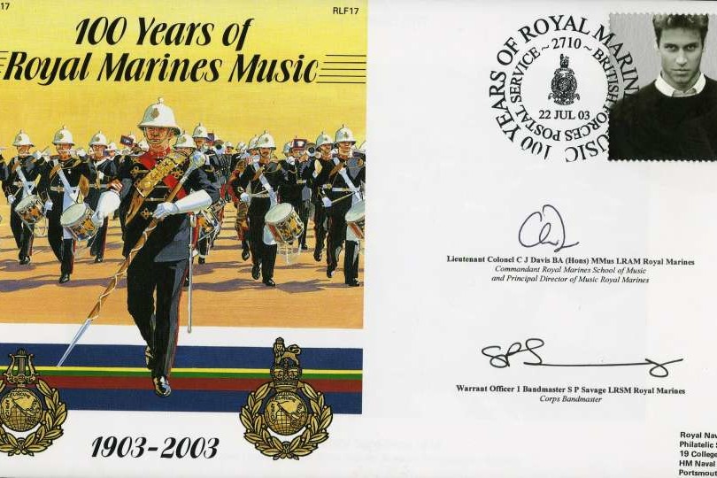 Royal Marines Music cover Signed by Lt Col C J Davis the Commandent Royal Marines School of Music and WO 1 Bandmaster S P Savage the Corps Bandmaster