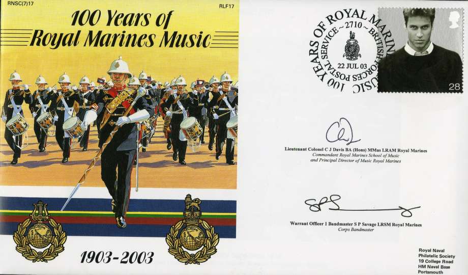 Royal Marines Music cover Signed by Lt Col C J Davis the Commandent Royal Marines School of Music and WO 1 Bandmaster S P Savage the Corps Bandmaster