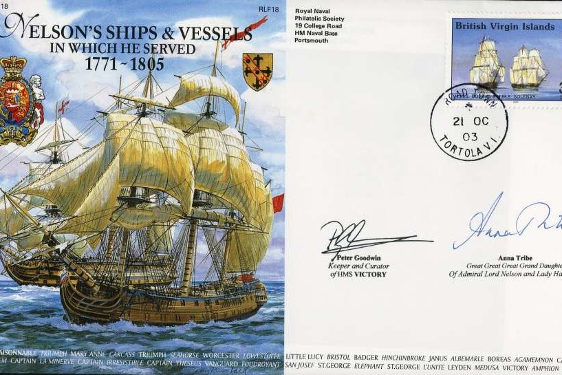Nelsons Ships and Vessels In Which He Served cover Signed by Peter Goodwin the Keeper and Curator of HMS Victory and Anna Tribe the Great Great Great Grand Daughter of Admiral Lord Nelson and Lady Hamilton