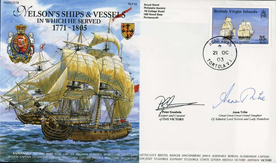 Nelsons Ships and Vessels In Which He Served cover Signed by Peter Goodwin the Keeper and Curator of HMS Victory and Anna Tribe the Great Great Great Grand Daughter of Admiral Lord Nelson and Lady Hamilton