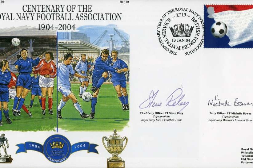 Royal Navy Football Association cover Signed by CPO PT Steve Riley the Captain of the Royal Navy Men's Football team and PO PT Michelle Bowen the Captain of the Royal Navy Women's Team