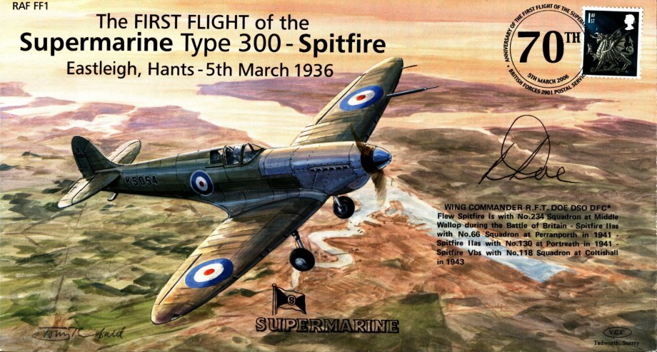 Spitfire Cover Signed By BoB Pilot R F T Doe Of 234 Squadron 66 Squadron 130 Squadron And 118 Squadron