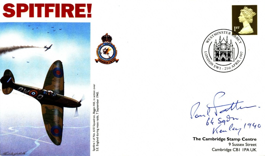 Spitfire Cover Signed By A WW2 Pilot Of 64 Squadron At RAF Kenley H P F Patten
