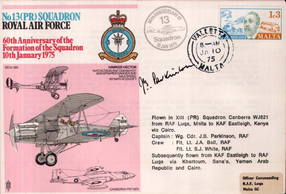 No 13(PR) Squadron cover Captain signed by WC J B Parkinson