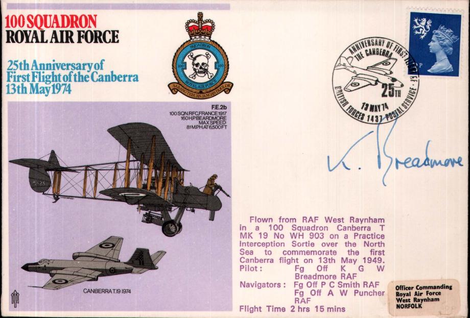 100 Squadron cover Pilot signed by FO K Breadmore