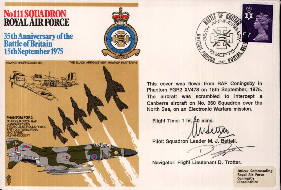 No 111 Squadron cover Crew signed Pilot Sq L M J Bettell  Navigator Fl Lt D Trotter
