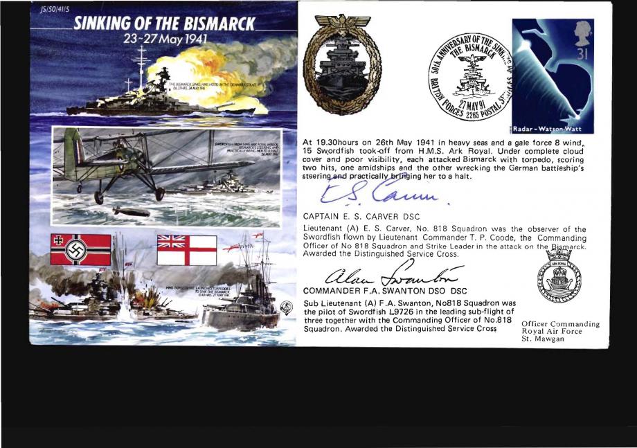 Sinking of the Bismarck cover Sgd Carver and Swanton