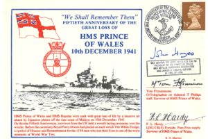 HMS Prince Of Wales Cover Signed By Survivors Tom Fitzsimmons F L Hardy And Sir J Hayes HMS Repulse