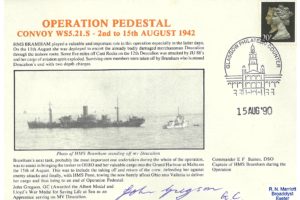 HMS Bramham Cover MV Deucalion Operation Pedestal Malta Signed J Gregson GC